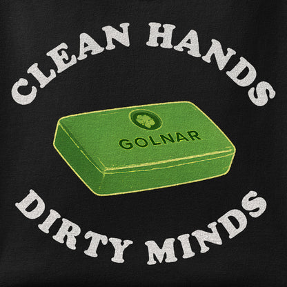 Close-up of the Dirty Minds print showing ink detail on the fabric
