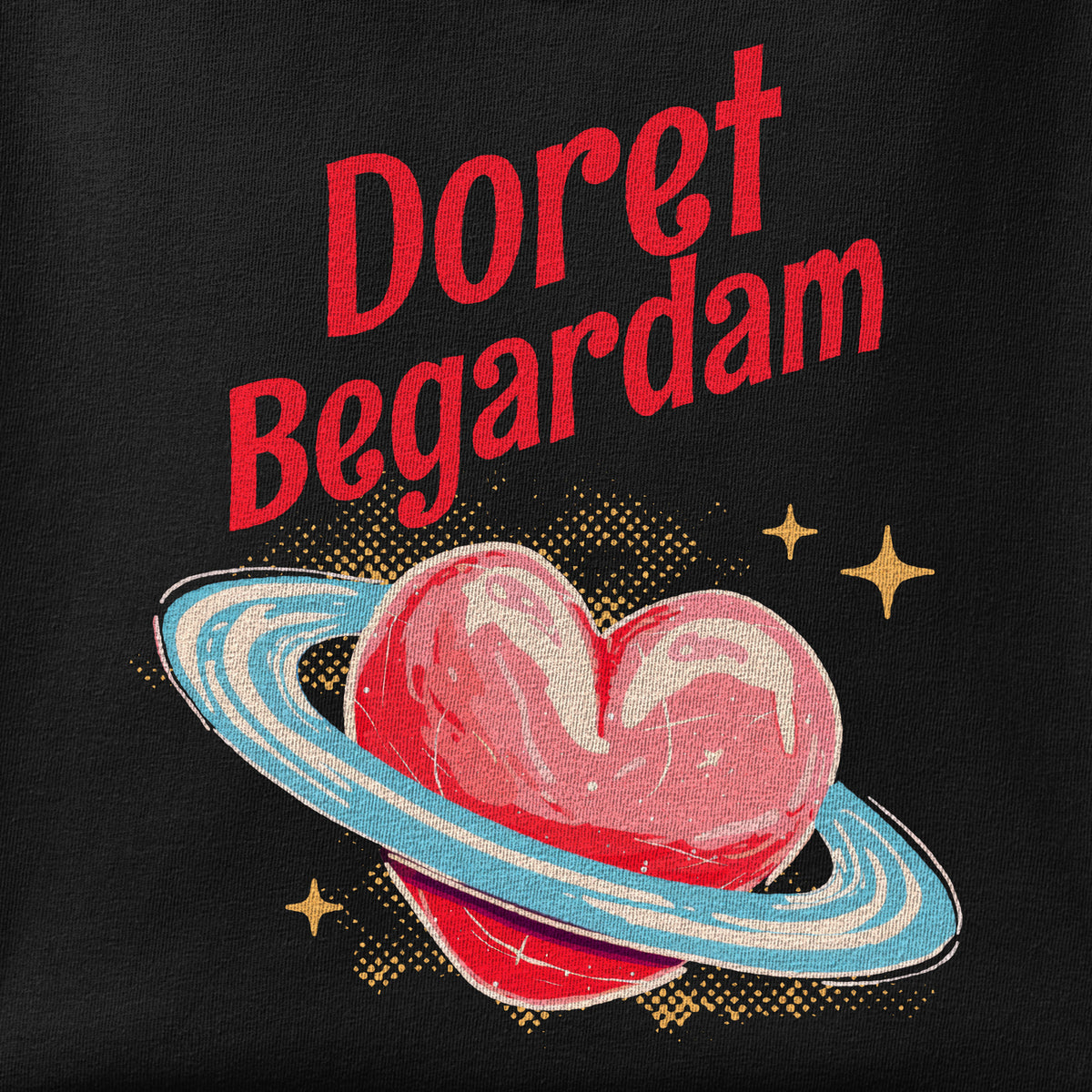 Close-up of the Doret Begardam print showing ink detail on the fabric