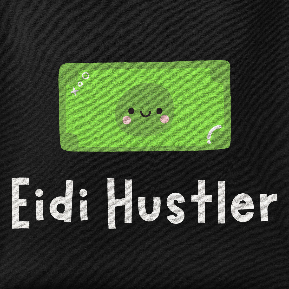 Close-up of the Eidi Hustler print showing ink detail on the fabric