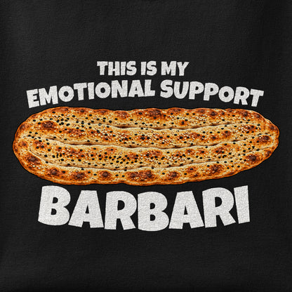 Close-up of the Emotional Support Barbari print showing ink detail on the fabric