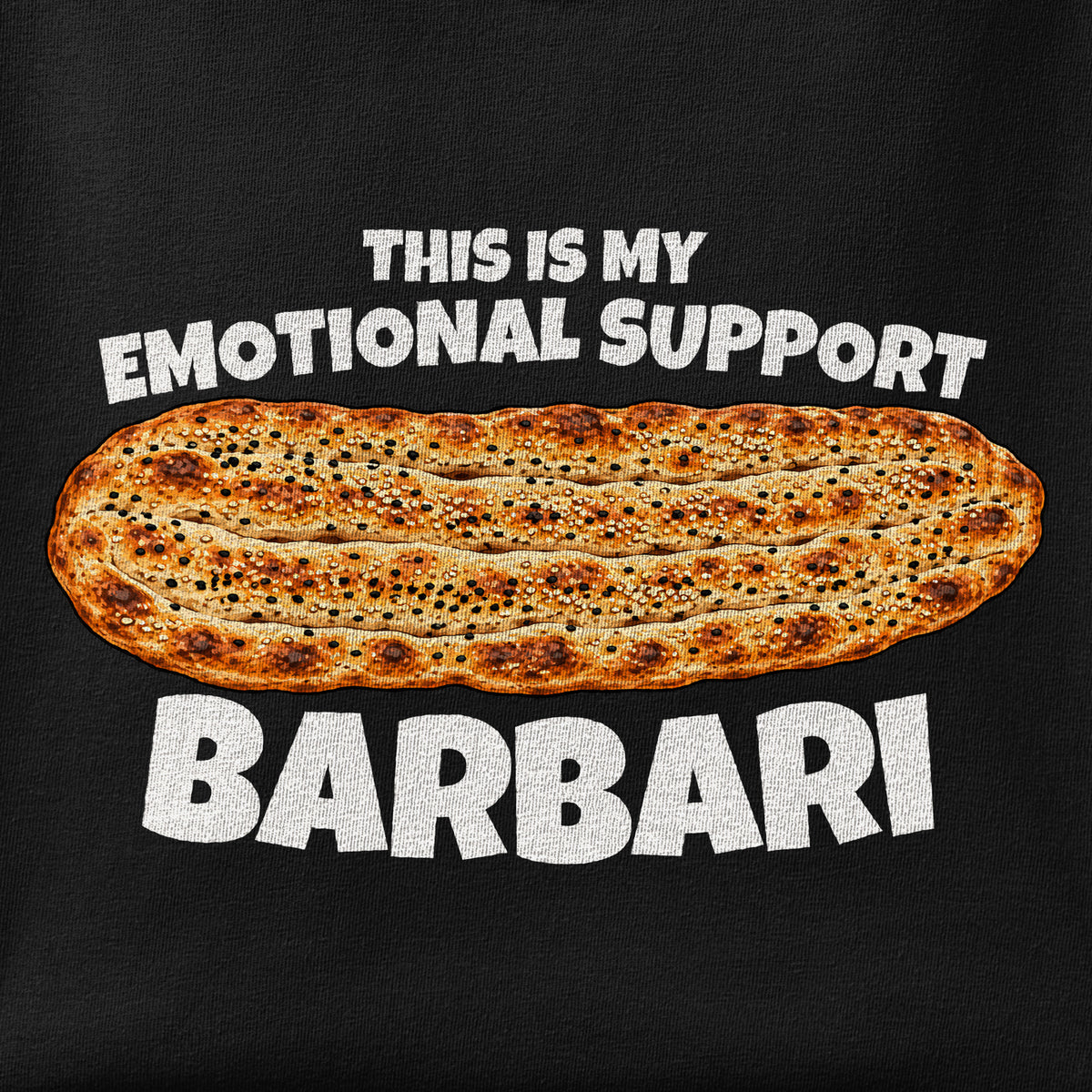 Close-up of the Emotional Support Barbari print showing ink detail on the fabric