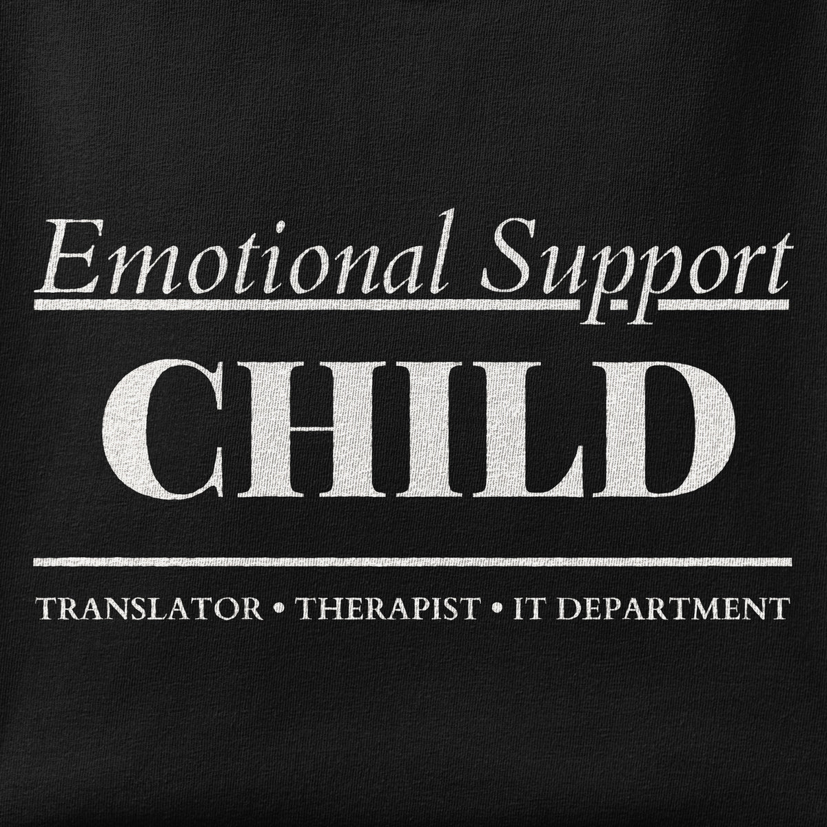 Close-up of the Emotional Support Child print showing ink detail on the fabric