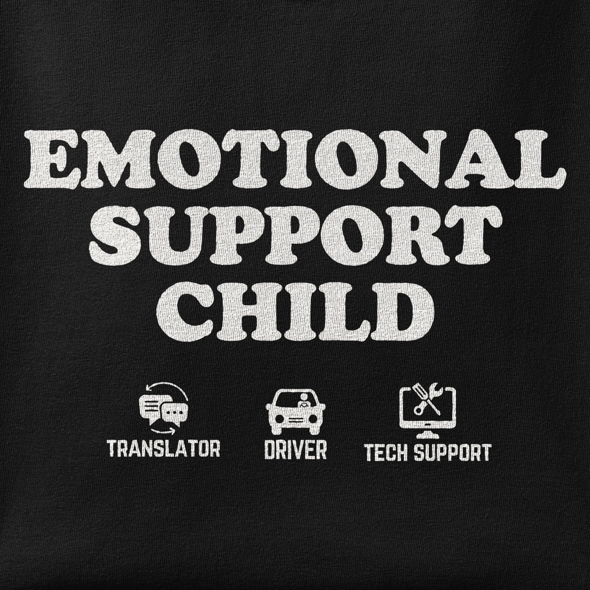 Close-up of the Emotional Support Child 2 print showing ink detail on the fabric