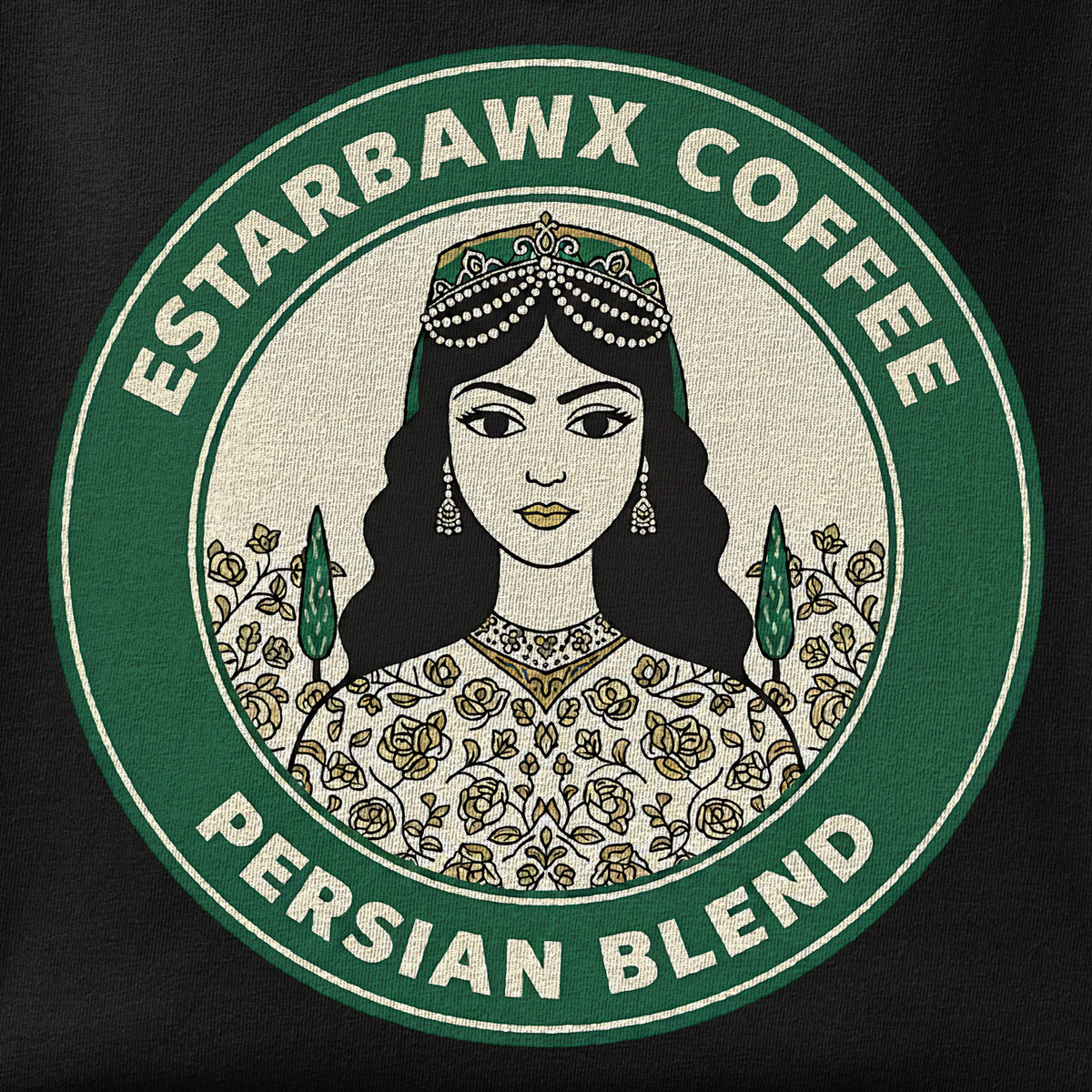Close-up of the Estarbawks print showing ink detail on the fabric