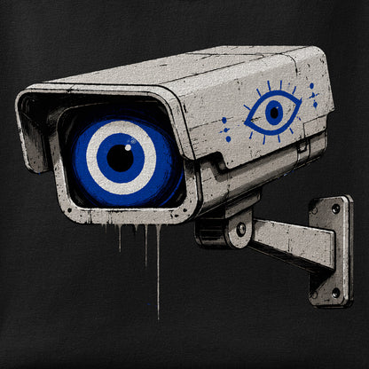 Close-up of the Evil Eye Watching print showing ink detail on the fabric