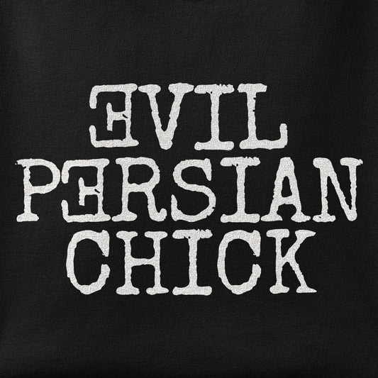 Close-up of the Evil Persian Chick print showing ink detail on the fabric