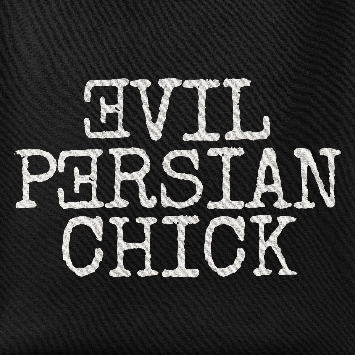 Close-up of the Evil Persian Chick print showing ink detail on the fabric
