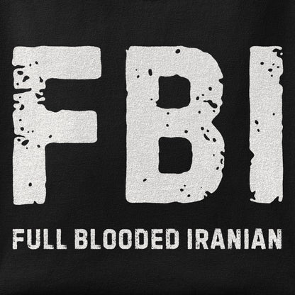 Close-up of the FBI, Full Blooded Iranian print showing ink detail on the fabric
