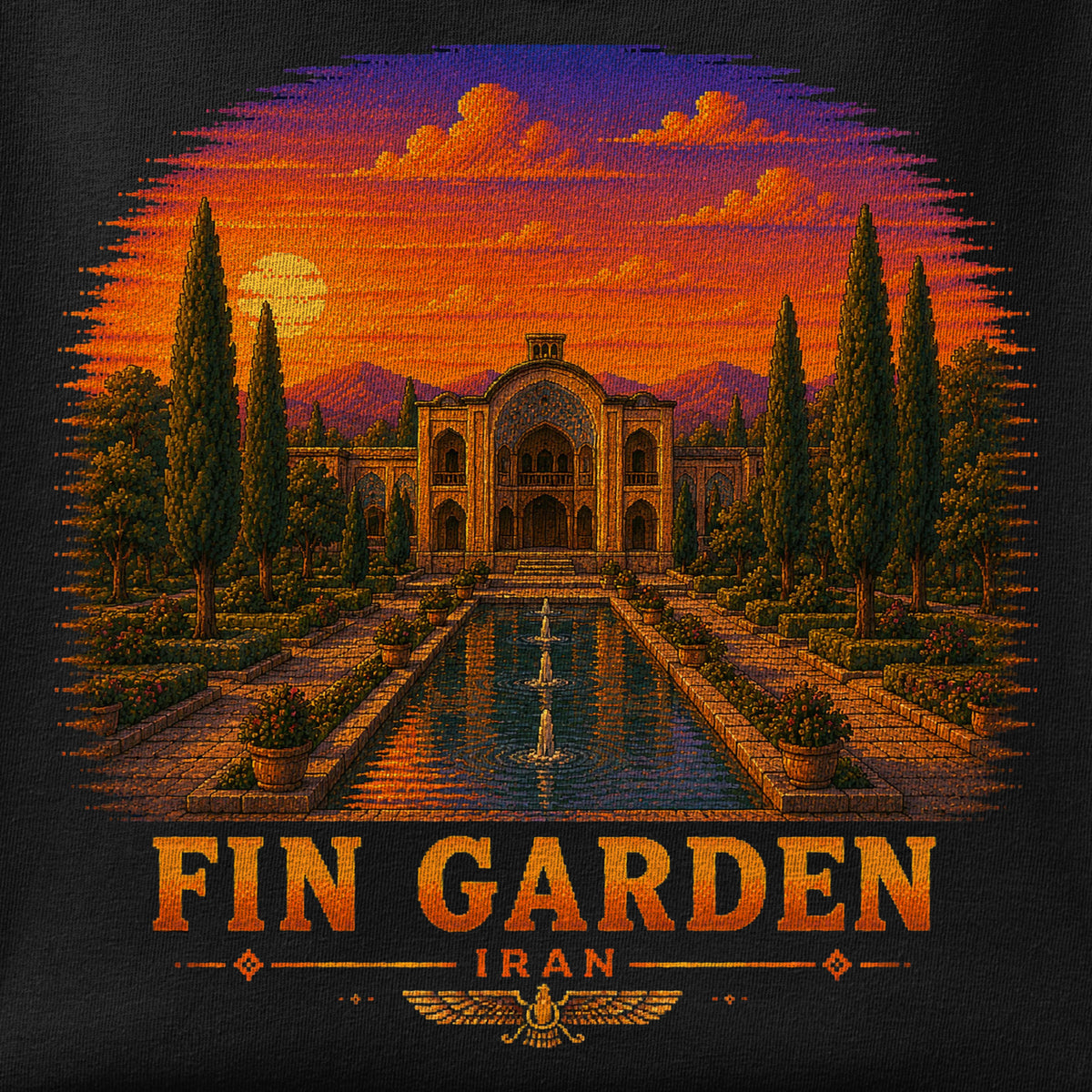 Close-up of the Fin Garden - Pixel Art print showing ink detail on the fabric
