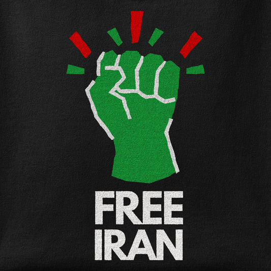 Close-up of the Free Iran print showing ink detail on the fabric