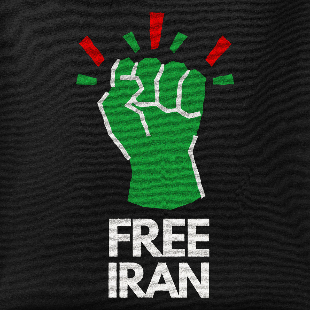 Close-up of the Free Iran print showing ink detail on the fabric