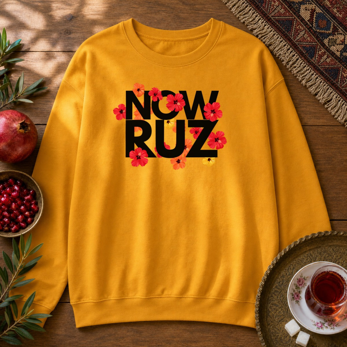 Nowruz - Floral Typography Sweatshirt - Gold