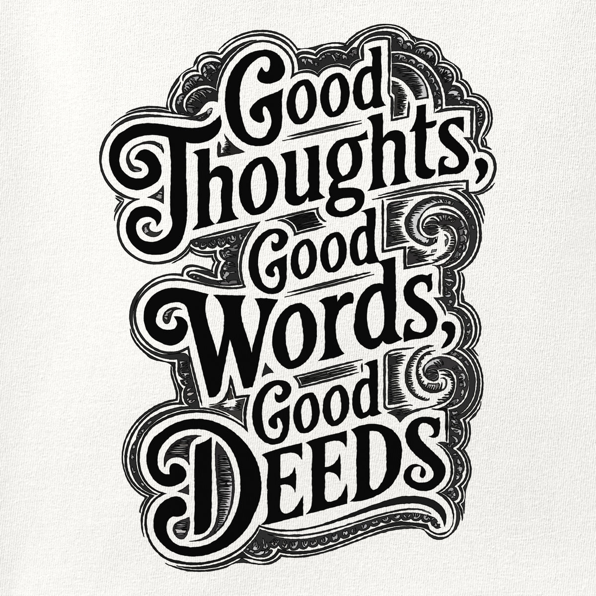 Close-up of the Good Thoughts, Good Words, Good Deeds print showing ink detail on the fabric