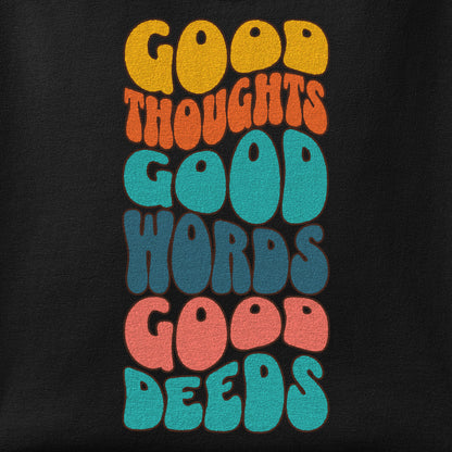 Close-up of the Good thoughts, good words, good deeds - hippie print showing ink detail on the fabric