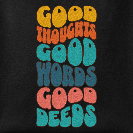 Close-up of the Good thoughts, good words, good deeds - hippie print showing ink detail on the fabric