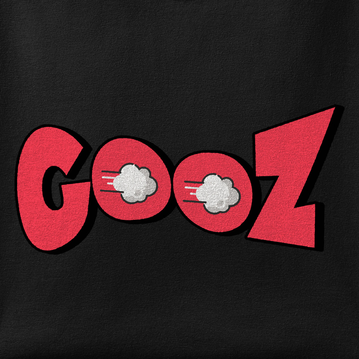 Close-up of the Gooz print showing ink detail on the fabric