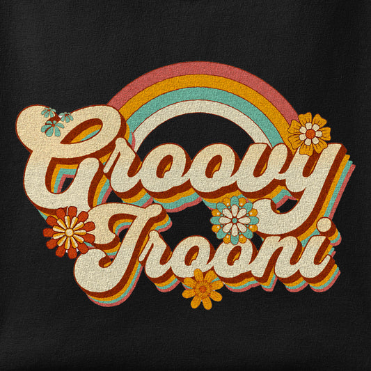 Close-up of the Groovy Irooni print showing ink detail on the fabric