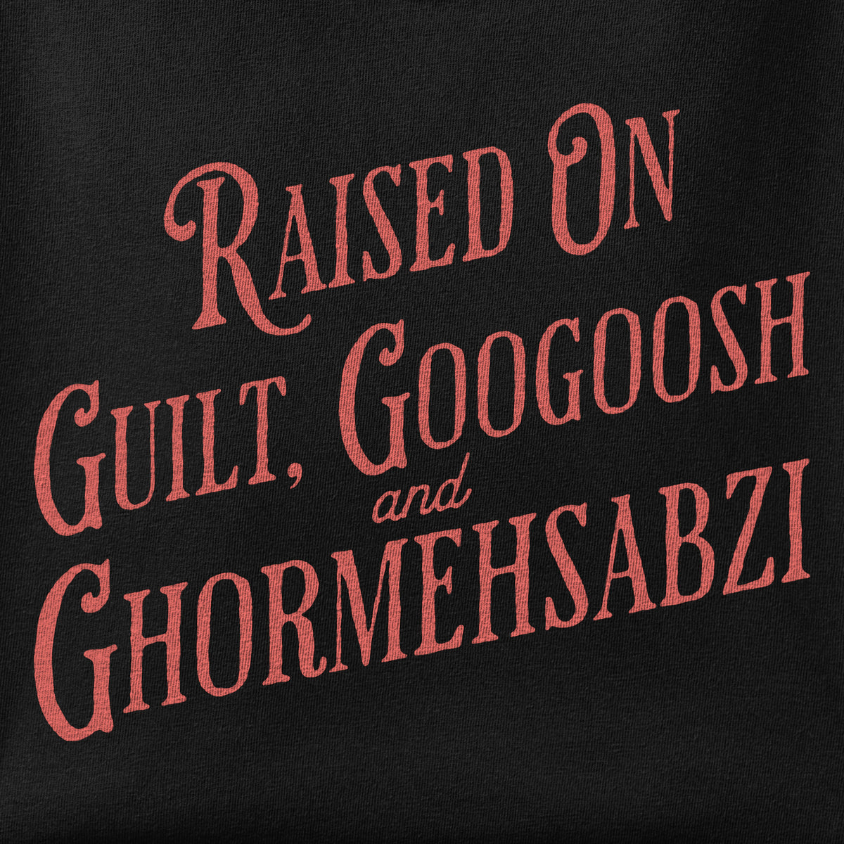 Close-up of the Guilt Googoosh & Ghormehsabzi print showing ink detail on the fabric