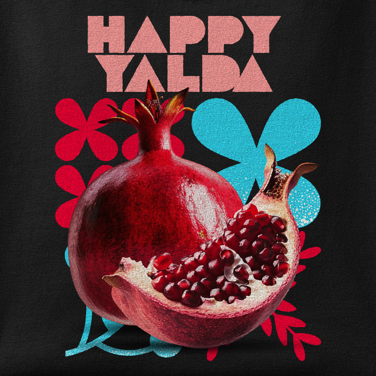 Close-up of the Happy Yalda print showing ink detail on the fabric