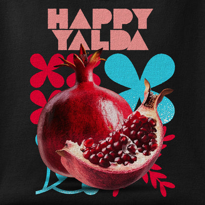 Close-up of the Happy Yalda print showing ink detail on the fabric
