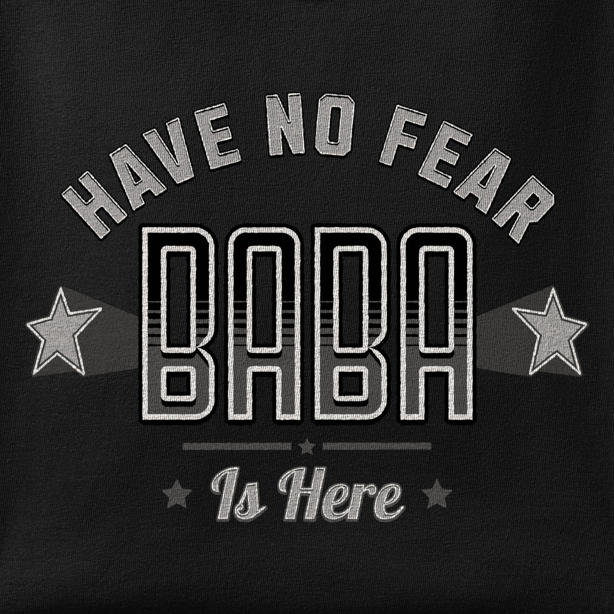 Close-up of the Have no fear, Baba is here print showing ink detail on the fabric