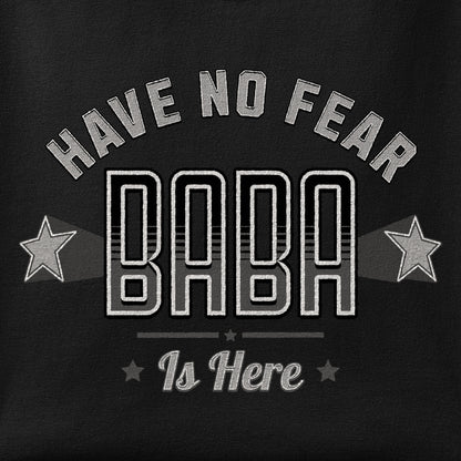 Close-up of the Have no fear, Baba is here print showing ink detail on the fabric