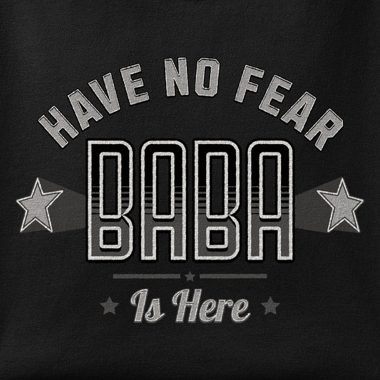 Close-up of the Have no fear, Baba is here print showing ink detail on the fabric