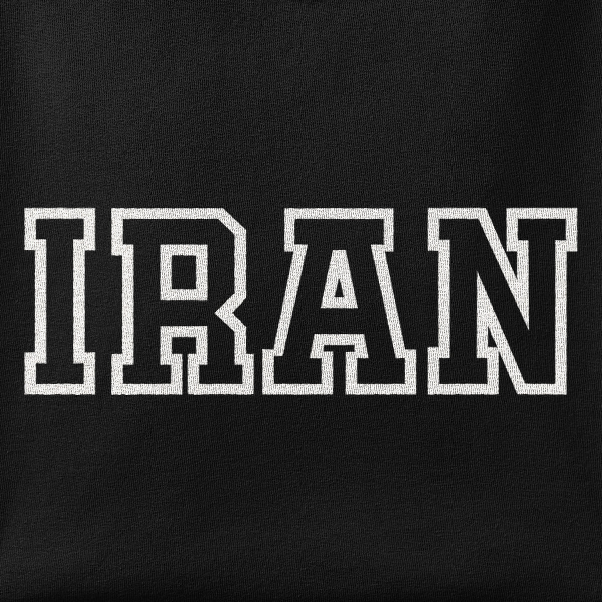 Close-up of the IRAN print showing ink detail on the fabric