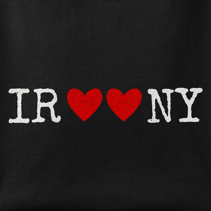 Close-up of the IROONY print showing ink detail on the fabric