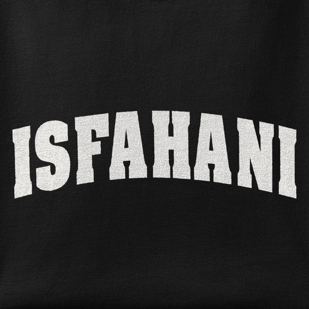Close-up of the ISFAHANI print showing ink detail on the fabric