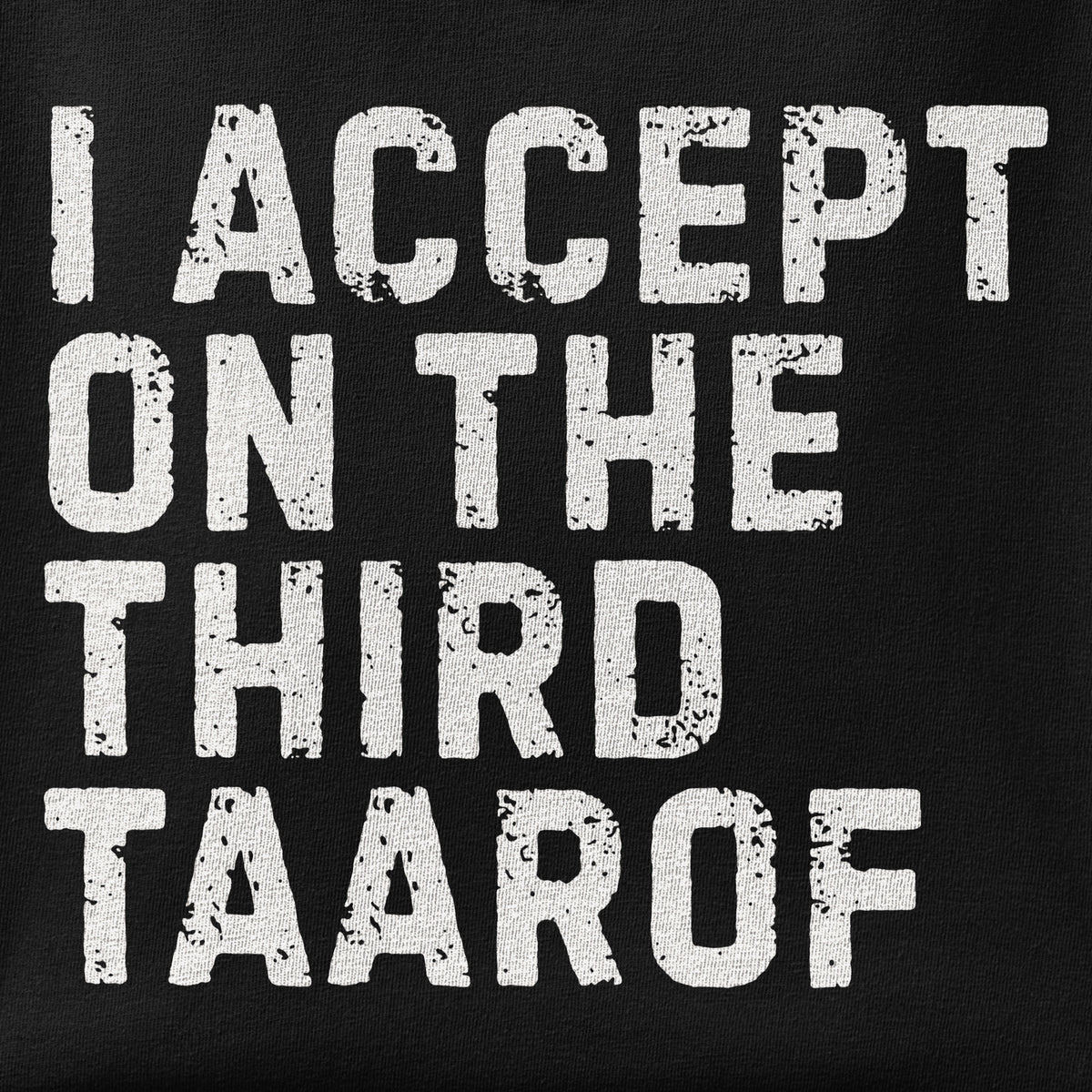 Close-up of the I Accept on the Third Taarof print showing ink detail on the fabric