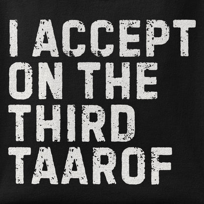 Close-up of the I Accept on the Third Taarof print showing ink detail on the fabric