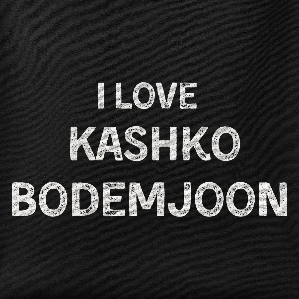 Close-up of the I Love Kashko Bodemjoon print showing ink detail on the fabric