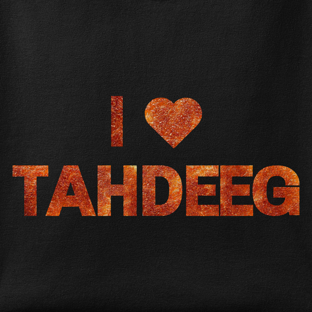Close-up of the I Love Tahdeeg print showing ink detail on the fabric