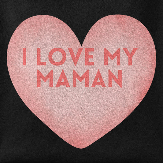 Close-up of the I love my Maman print showing ink detail on the fabric