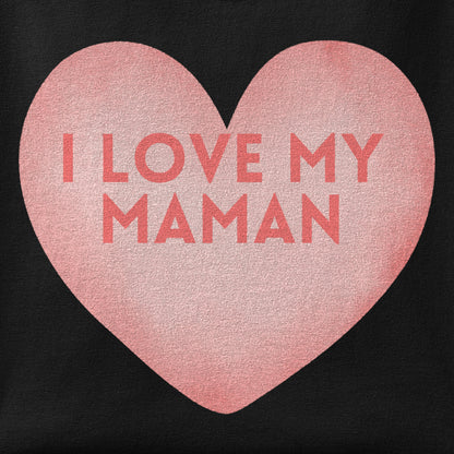 Close-up of the I love my Maman print showing ink detail on the fabric