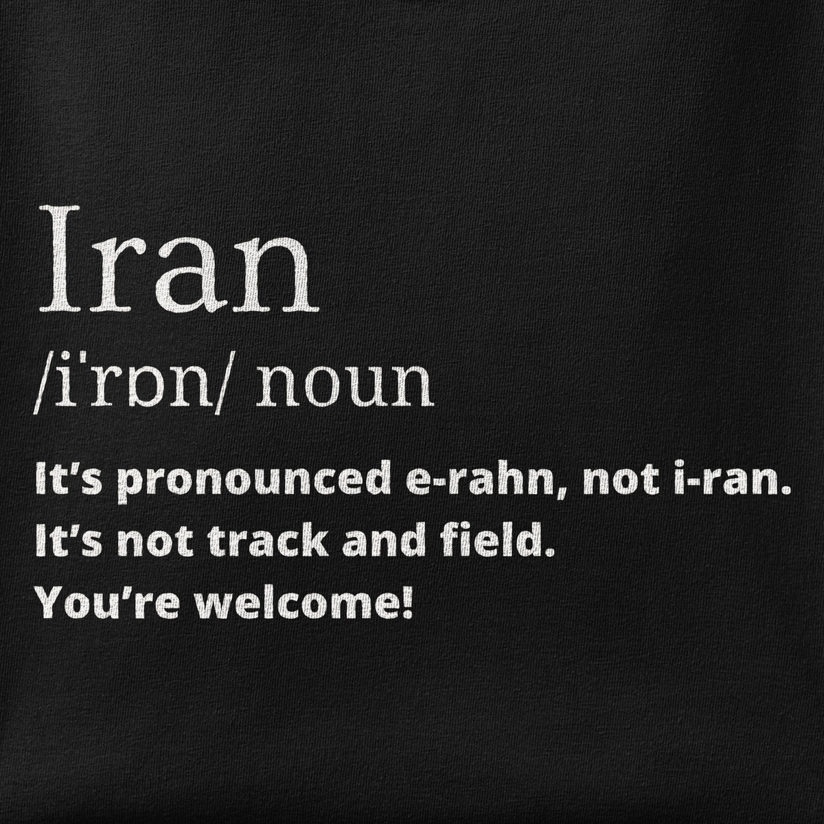 Close-up of the Iran Pronunciation print showing ink detail on the fabric