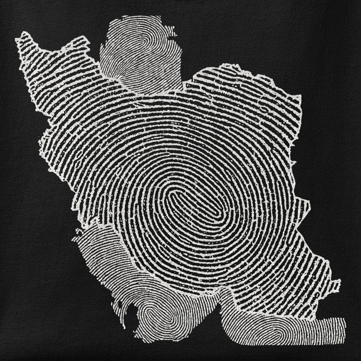 Close-up of the Iran is my ID print showing ink detail on the fabric