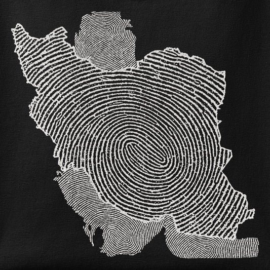 Close-up of the Iran is my ID print showing ink detail on the fabric