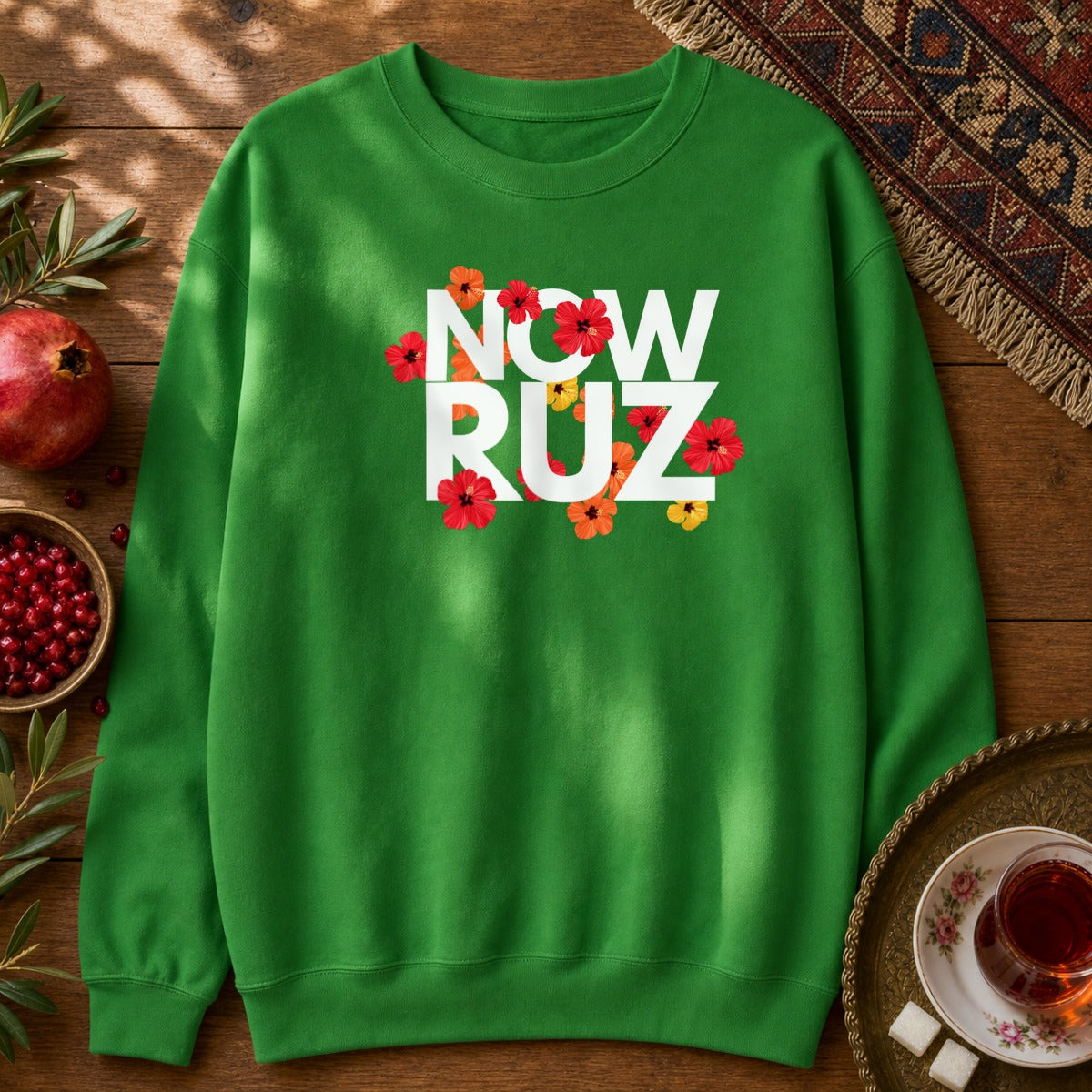 Nowruz - Floral Typography Sweatshirt - Irish Green