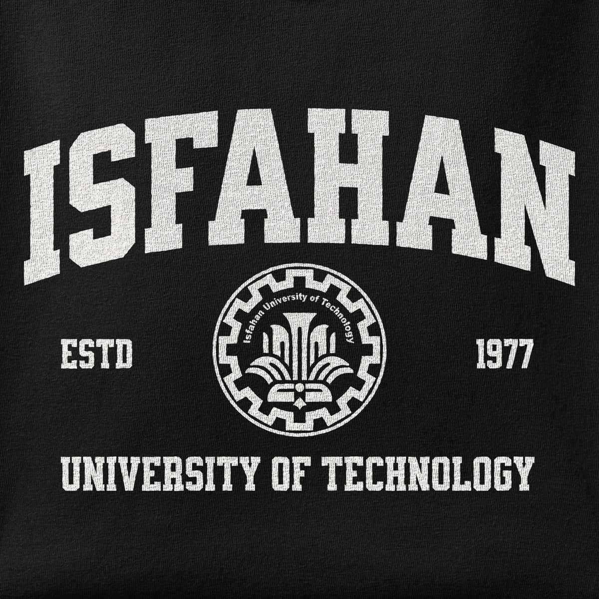 Close-up of the Isfahan University of Technology print showing ink detail on the fabric
