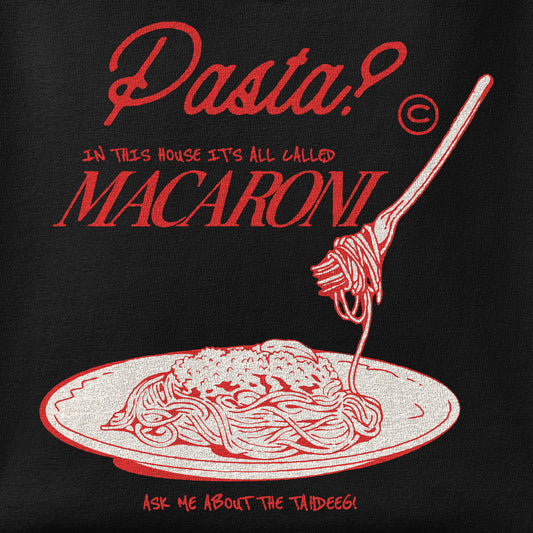 Close-up of the It's All Macaroni print showing ink detail on the fabric