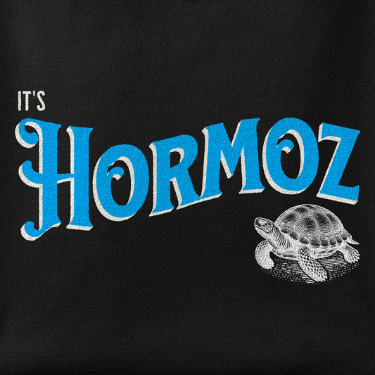 Close-up of the It's Hormoz print showing ink detail on the fabric