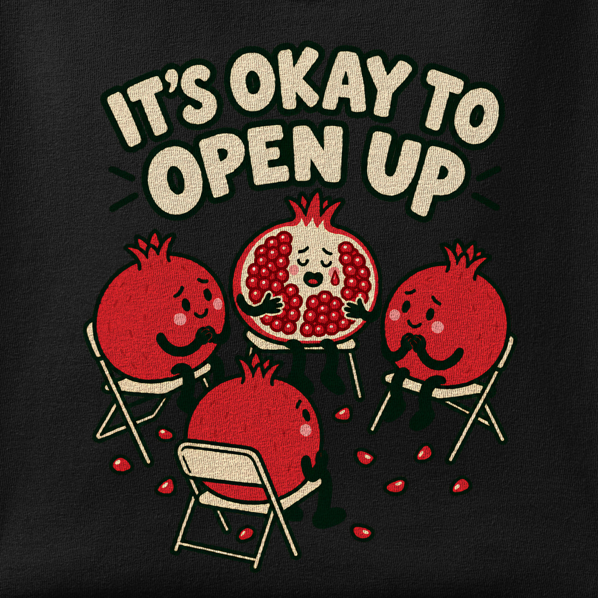 Close-up of the It's Okay to Open Up print showing ink detail on the fabric