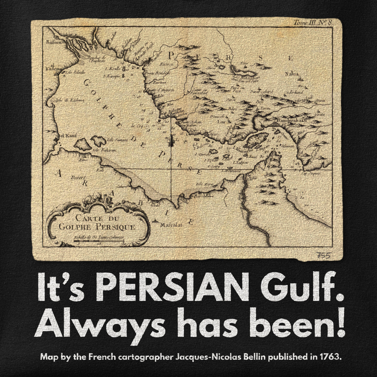 Close-up of the It's PERSIAN Gulf. print showing ink detail on the fabric