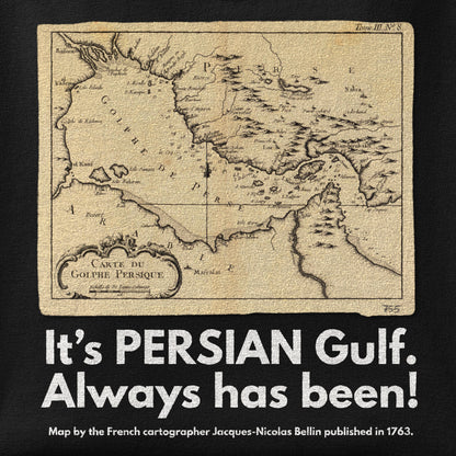 Close-up of the It's PERSIAN Gulf. print showing ink detail on the fabric