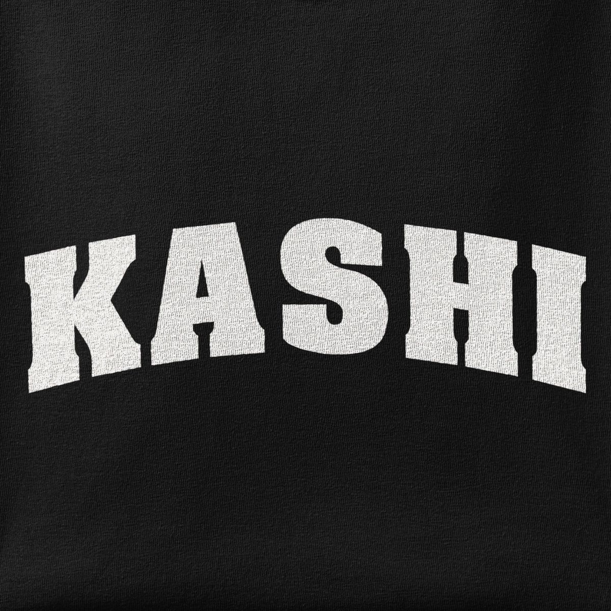 Close-up of the KASHI print showing ink detail on the fabric