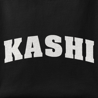 Close-up of the KASHI print showing ink detail on the fabric