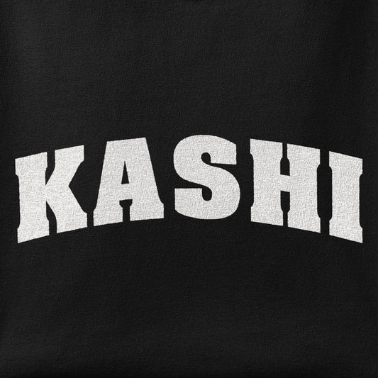 Close-up of the KASHI print showing ink detail on the fabric