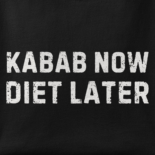 Close-up of the Kabab Now, Diet Later print showing ink detail on the fabric